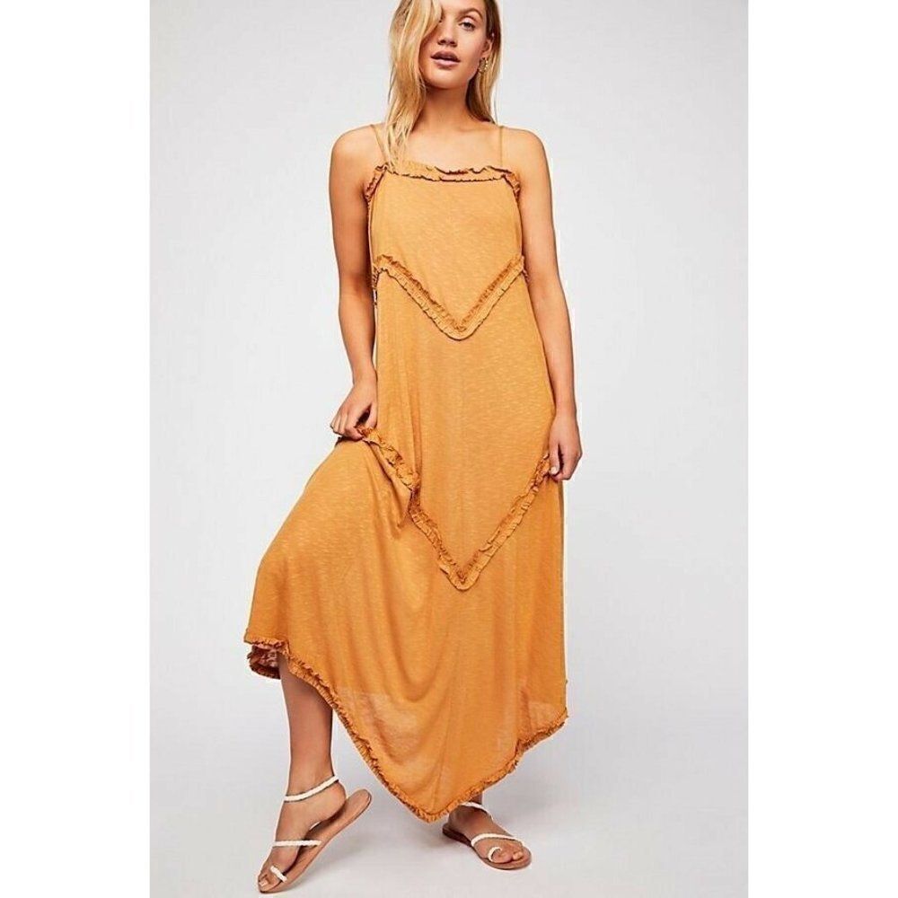 NWT FREE PEOPLE BEACH Sz S AVALON TIERED RUFFLE MAXI DRESS IN GOLD